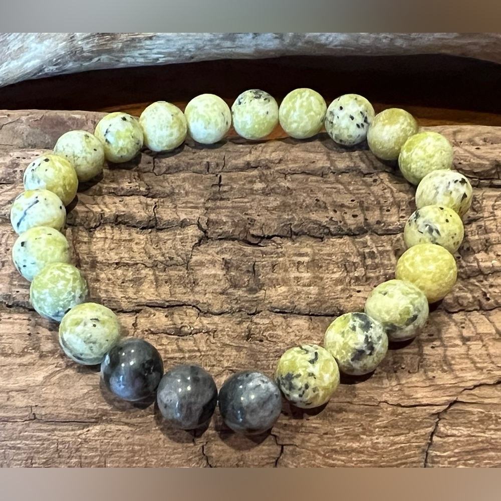New Lemon Jade & Larvakite Bracelet Natural Stone Beaded Stretchy Yellow Grey